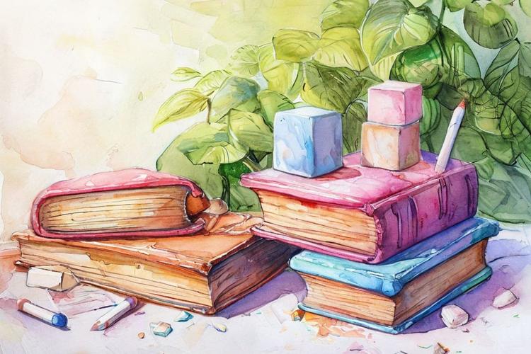 Книги, кубики и цветные карандаши на столе — акварель