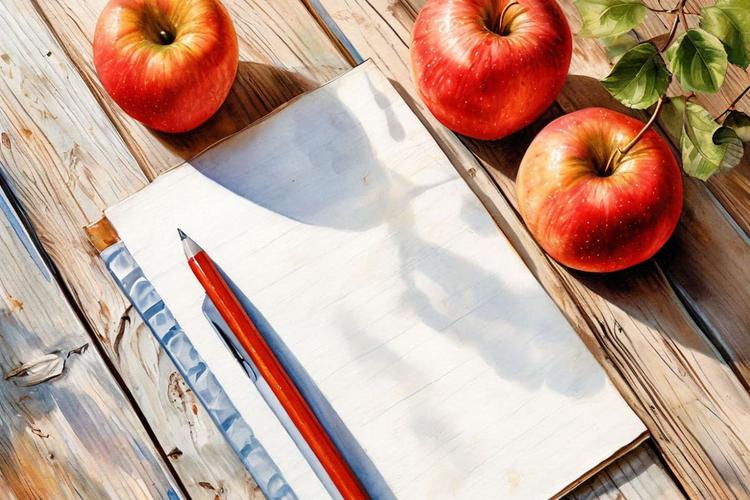 Чистый лист бумаги, карандаш и яблоки на деревянном столе — акварель