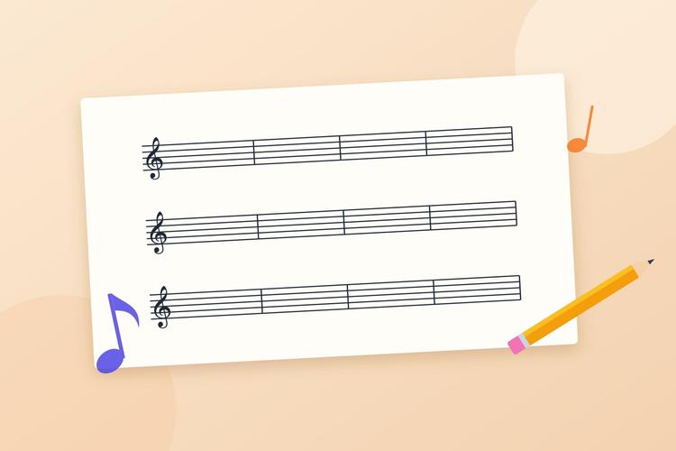 Лист нотной бумаги: три стана по пять линеек со скрипичным ключом, разделённые на четыре такта, рядом карандаш и две ноты