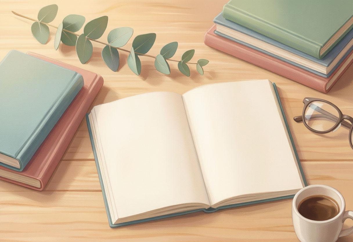 Стопка книг, открытый блокнот и чашка кофе на столе педагога