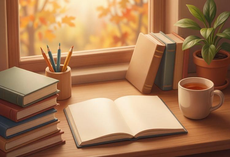 Рабочий стол педагога: книги, чистый блокнот, растение и чашка чая у окна