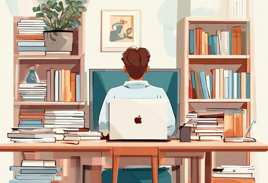 Старшеклассник со спины за ноутбуком и книгами