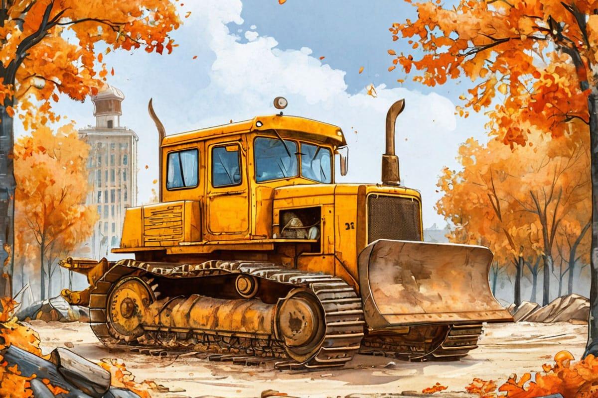 Иллюстрация к сказке «Толкач и маленький каток»: бульдозер Толкач