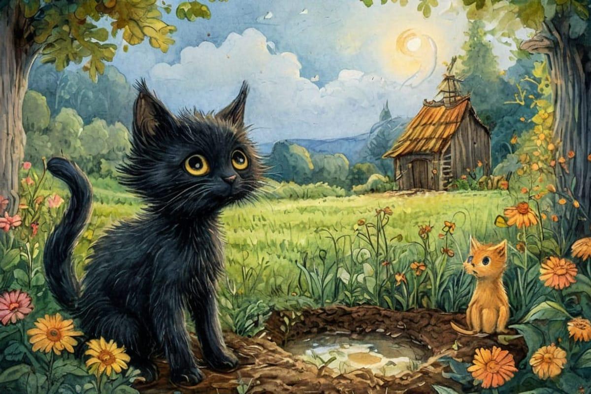 Иллюстрация к сказке «Черныш и колючий приятель»: котёнок Черныш