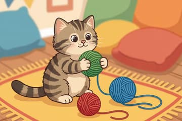 Полосатый котёнок играет с клубками ниток на коврике