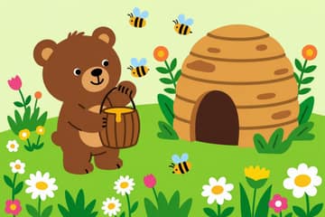 Медвежонок с бочонком мёда у улья на поляне, пчёлки