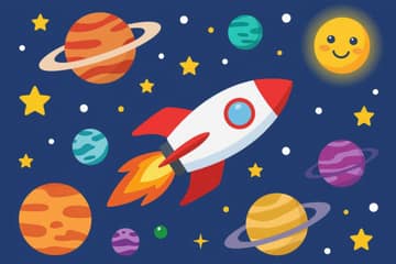 Красно-белая ракета летит в космосе среди планет